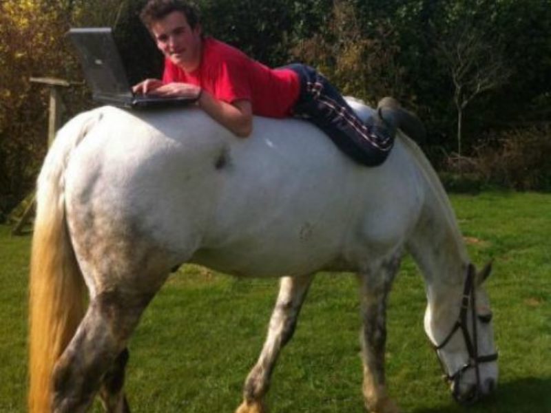 Guy surfs the web on a laptop, while laying on top of a horse.