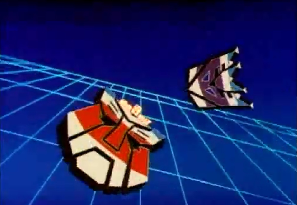 The Autobot and Decepticon logos fly around