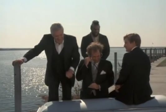 The A-Team at the docks in funeral suits