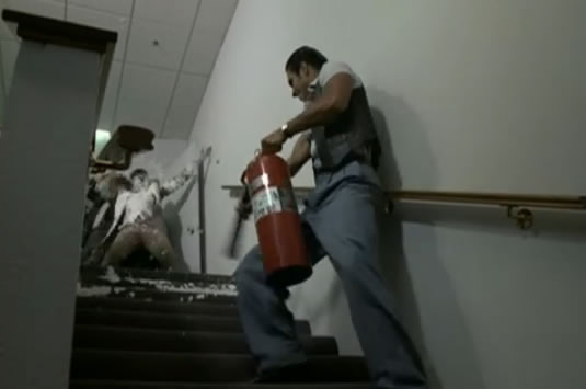 Frankie sprays the fire extinguisher