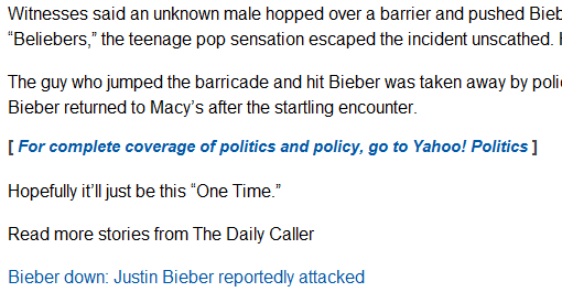 Embedded in the Bieber story is a link: 'For complete coverage of politics and policy, go to Yahoo! Politics'