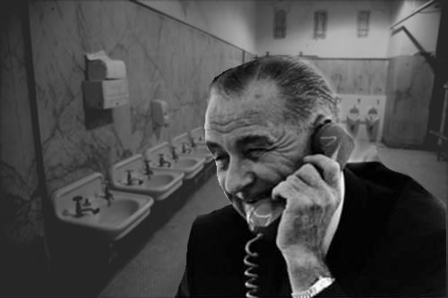 Lyndon Johnson on the phone, with a bathroom Photoshopped in the background.