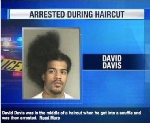 Half-finished haircut for guy in mug shot