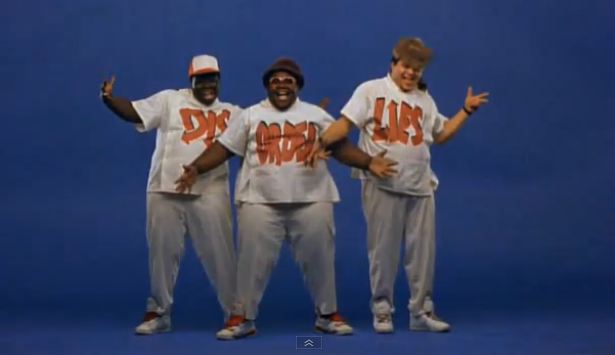 The Fat Boys in their "Disorderlies" shirts