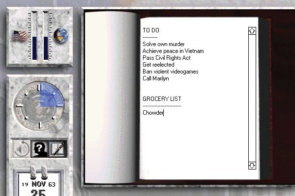 JFK's to do list includes "Solve own murder," "Achieve peace in Vietnam," "Get reelected" and "Call Marilyn." Under groceries it reads "Chowder."