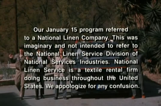 A title card: The show 'appologizes' for mentioning the National Linen Company in a recent episode