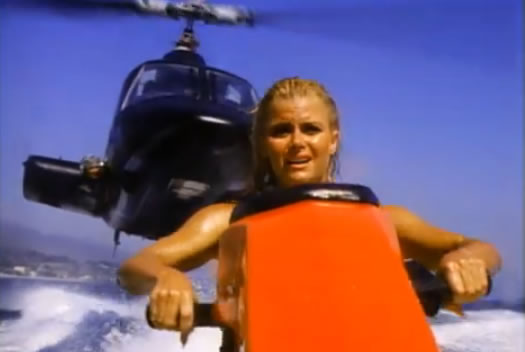 A blonde lady gets chased by a helicopter
