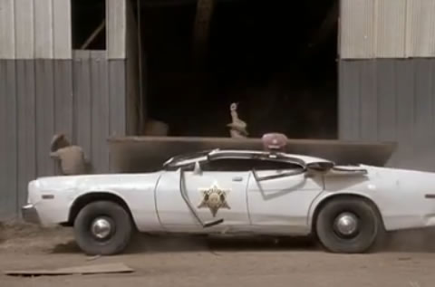 Garage door falling on police car