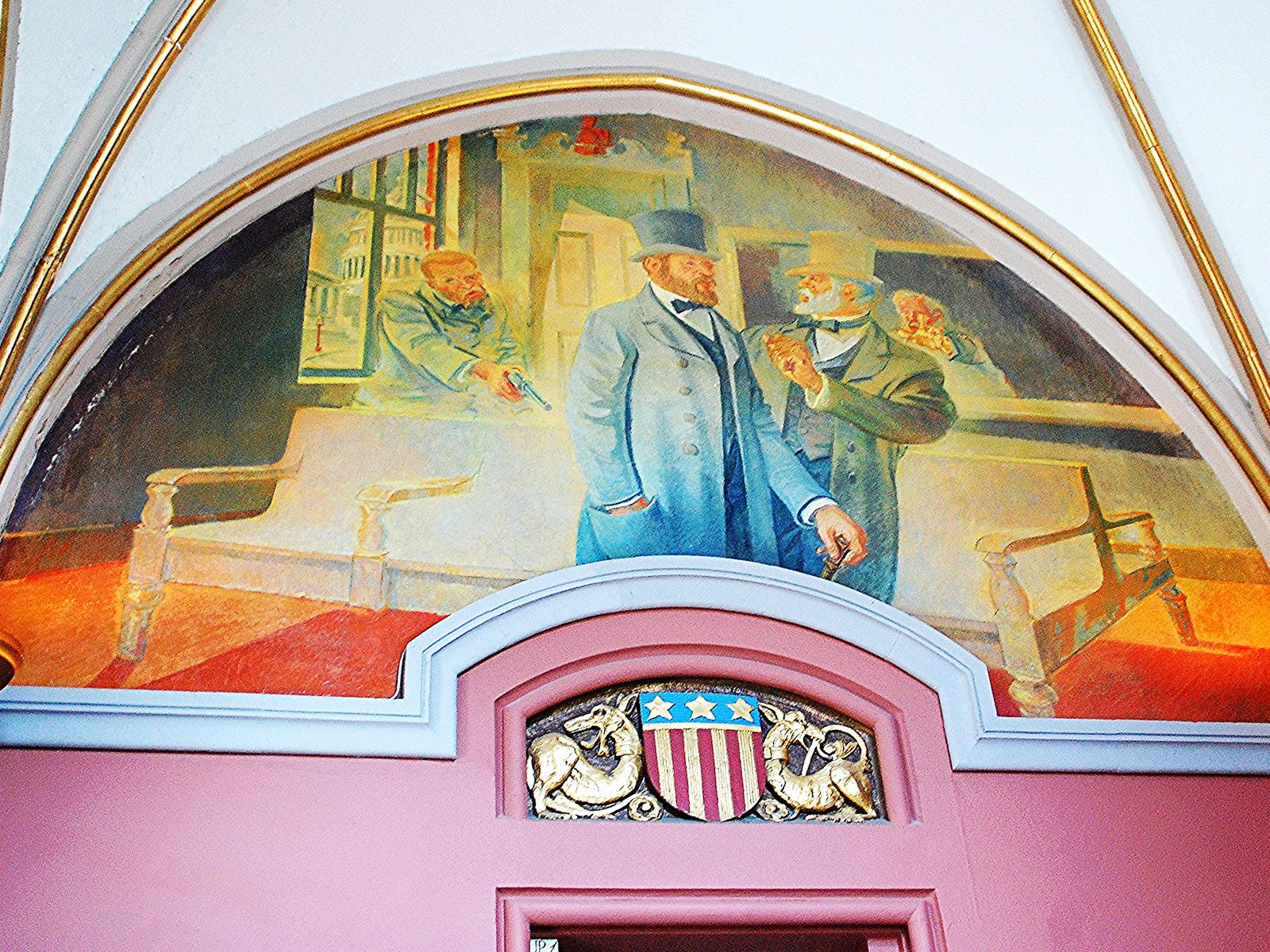 A mural depicting the assassination of James A. Garfield, found inside the Garfield tomb in Cleveland, Ohio.