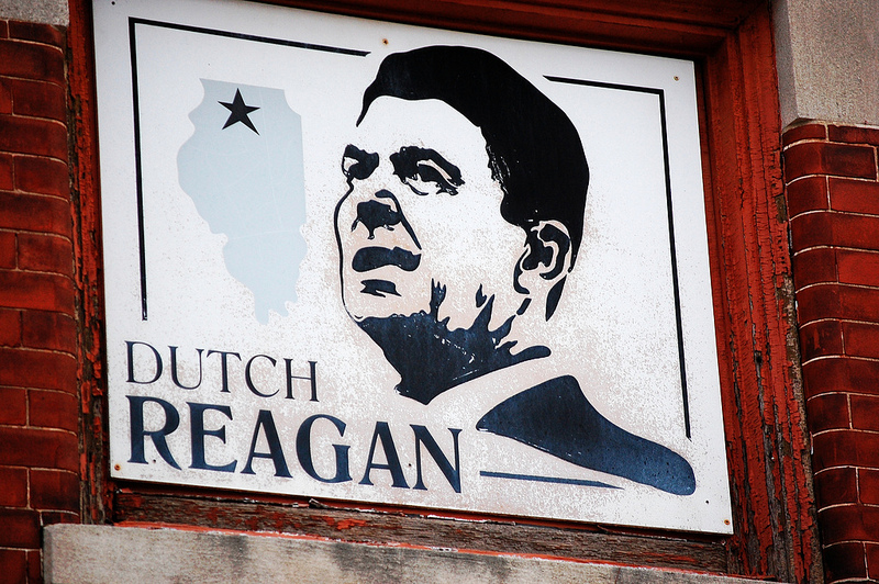 A sign commemorates Ronald "Dutch" Reagan in downtown Dixon, Illinois.