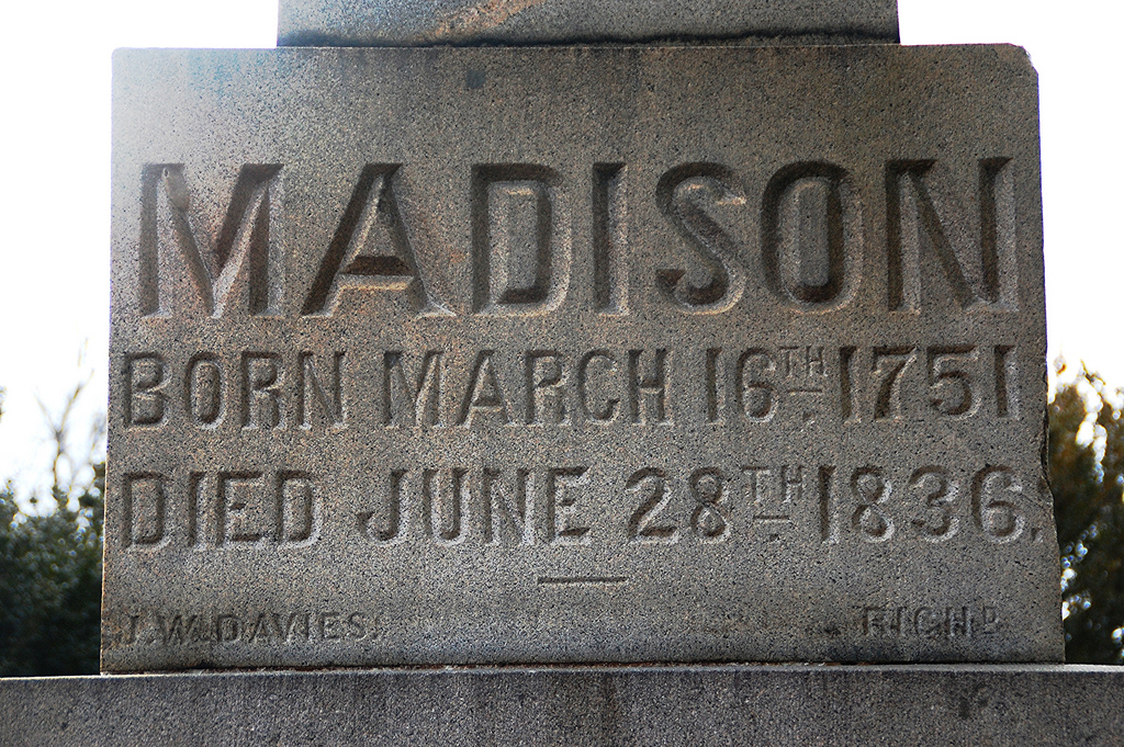 Close-up of James Madison's grave marker.