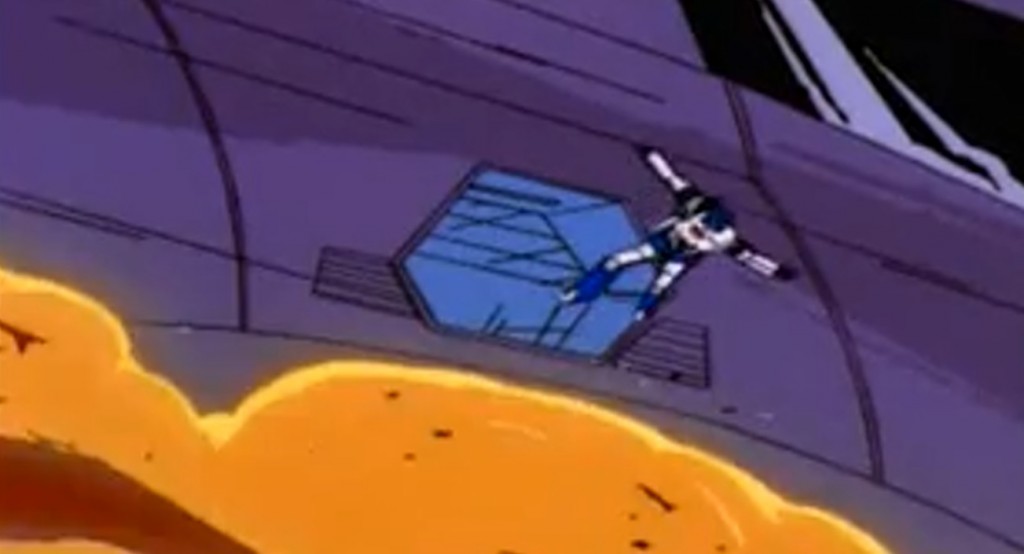 Mirage escapes from the exploding Decepticon space cruiser.