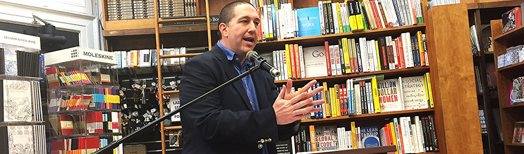 Brady speaking at Harvard Book Store in Cambridge, Mass.