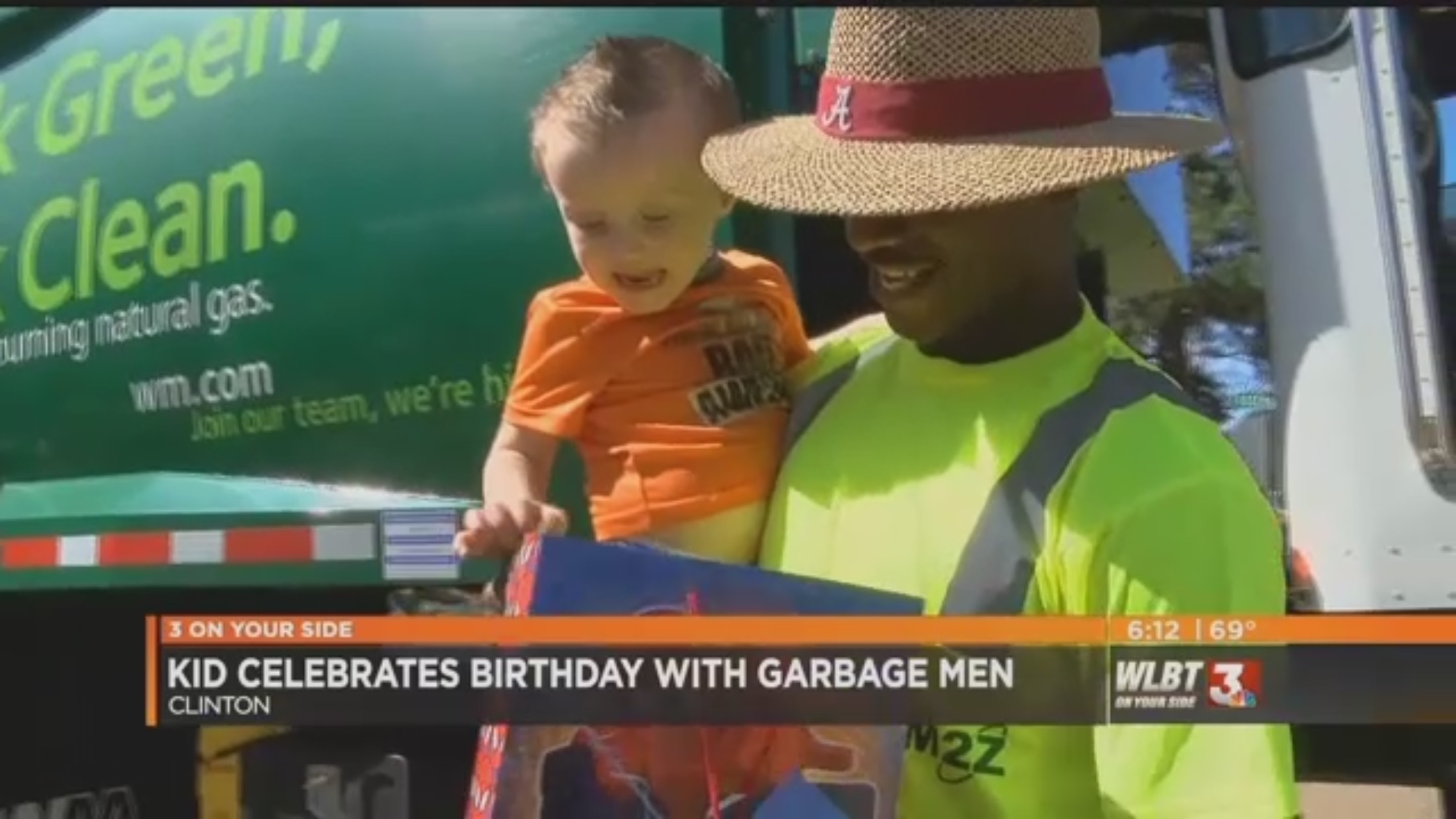 Chyron: "Kid Celebrates Birthday With Garbage Men"