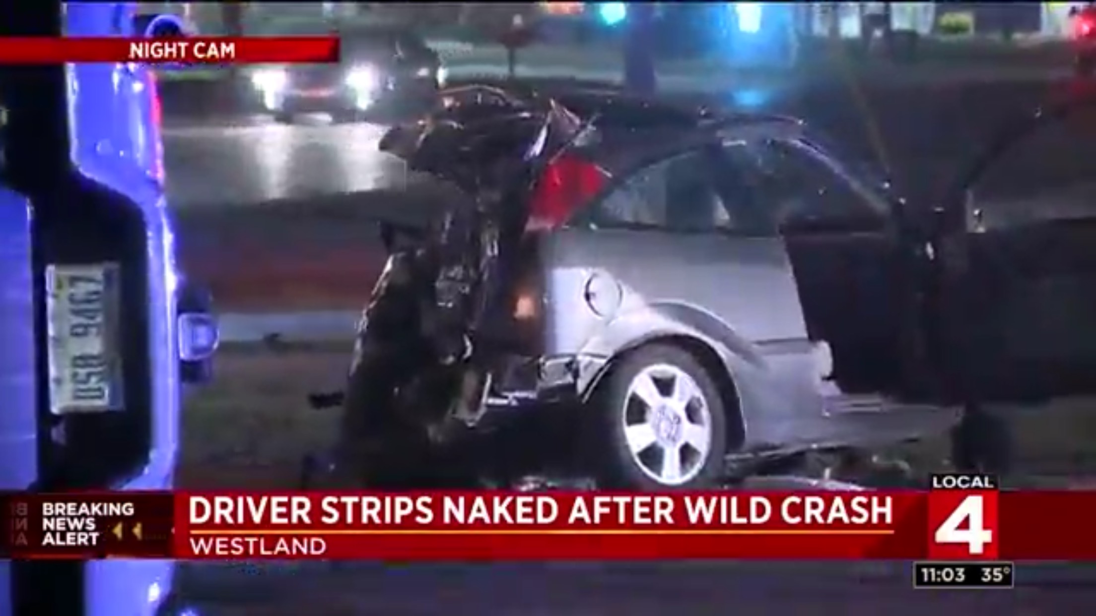 Driver Strips Naked After Wild Crash