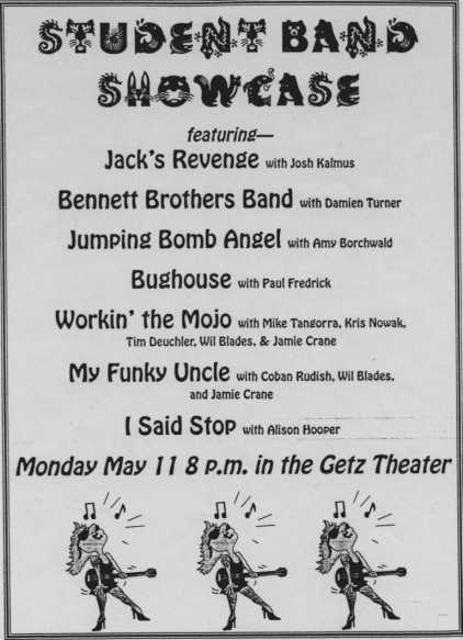 A flyer for the band showcase. Note Jumping Bomb Angel "with Amy Borchwald"