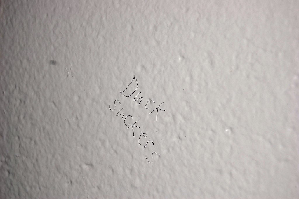 Bathroom graffiti reads "duck suckers"