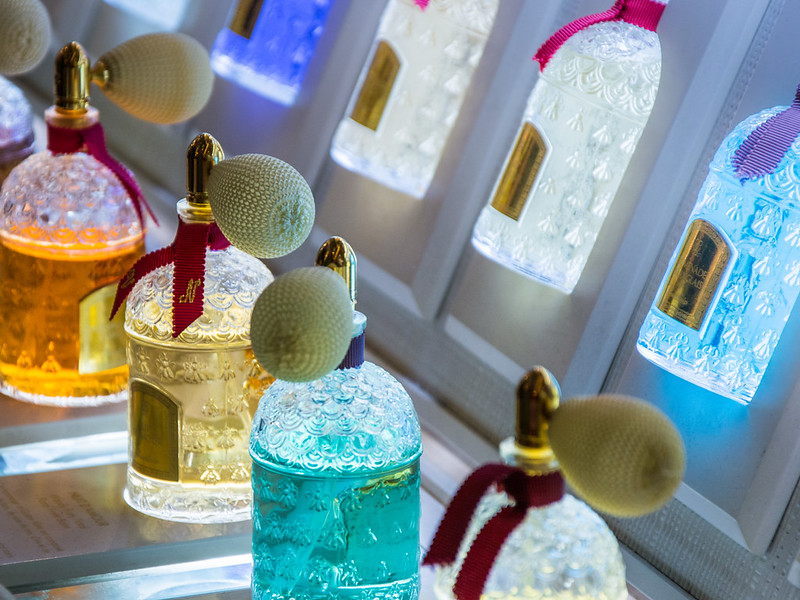 Fancy perfume bottles in the Guerlain shop in Paris. (Photo by kuhnmi via Flickr/Creative Commons https://flic.kr/p/25EJMnX)