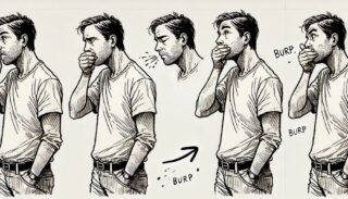 a DALL-E generated series of pen and ink-style drawings of a dad in a t-shirt and jeans burping