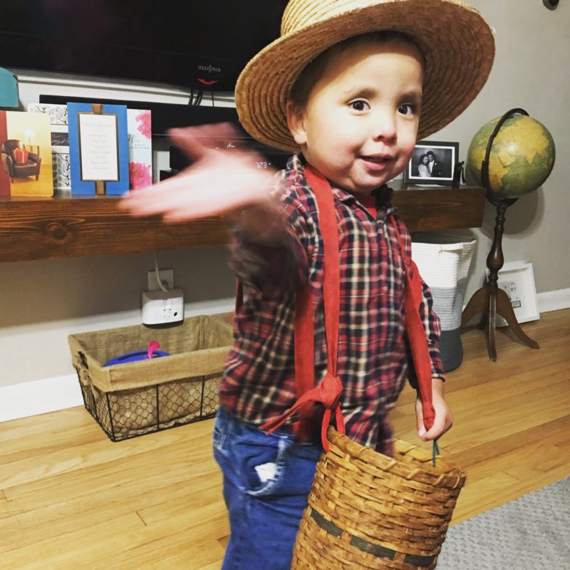 Almost three year old in his farmer Halloween costume