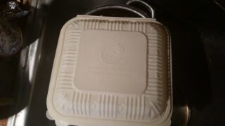 A compostable takeout container, though not the one mentioned in today's episode. (Photo by Raymond Yee via Flickr/Creative Commons https://flic.kr/p/s8rboJ)