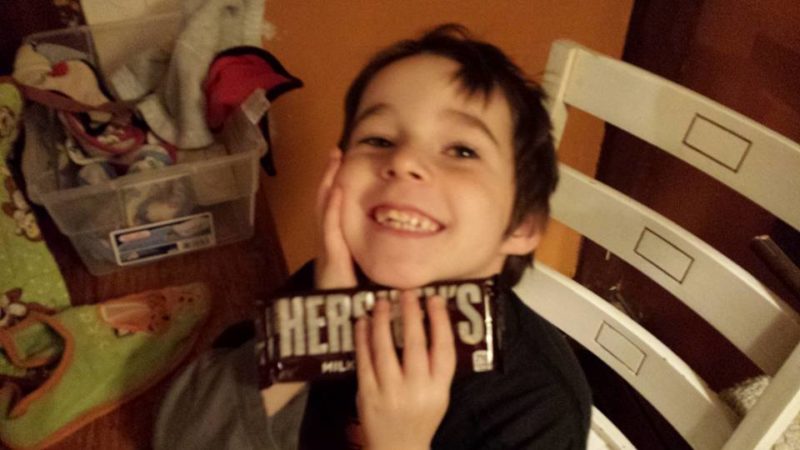 Four year old and his giant Hershey bar