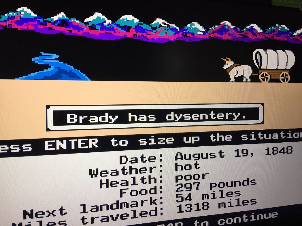 Screenshot of Oregon Trail says "Brady has dysentery"