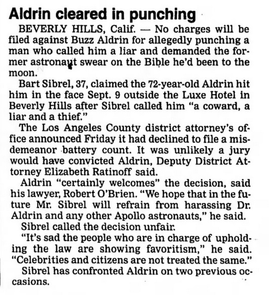 "No charges will be filed against Buzz Aldrin for allegedly punching a man who called him a liar and demanded the former astronaut swear on the Bible he'd been to the moon."
