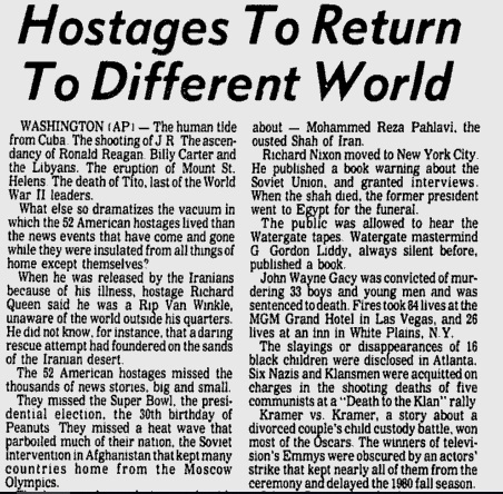 "The human tide from Cuba. The shooting of J.R. The ascendancy of Ronald Reagan. Billy Carter and the Libyans. The eruption of Mount St. Helens. The death of Tito, last of the World War II leaders."