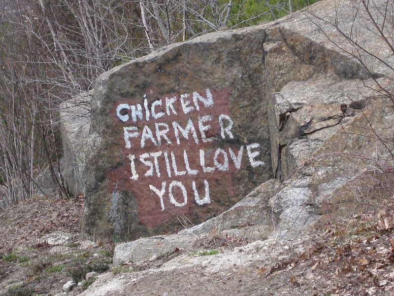 Words painted on rock read "CHICKEN FARMER I STILL LOVE YOU" (photo by Mary Ellen Carter via Flickr/Creative Commons)