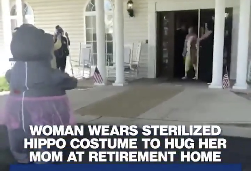 Women Wears Sterilized Hippo Costume To Hug Her Mom At Retirement Home