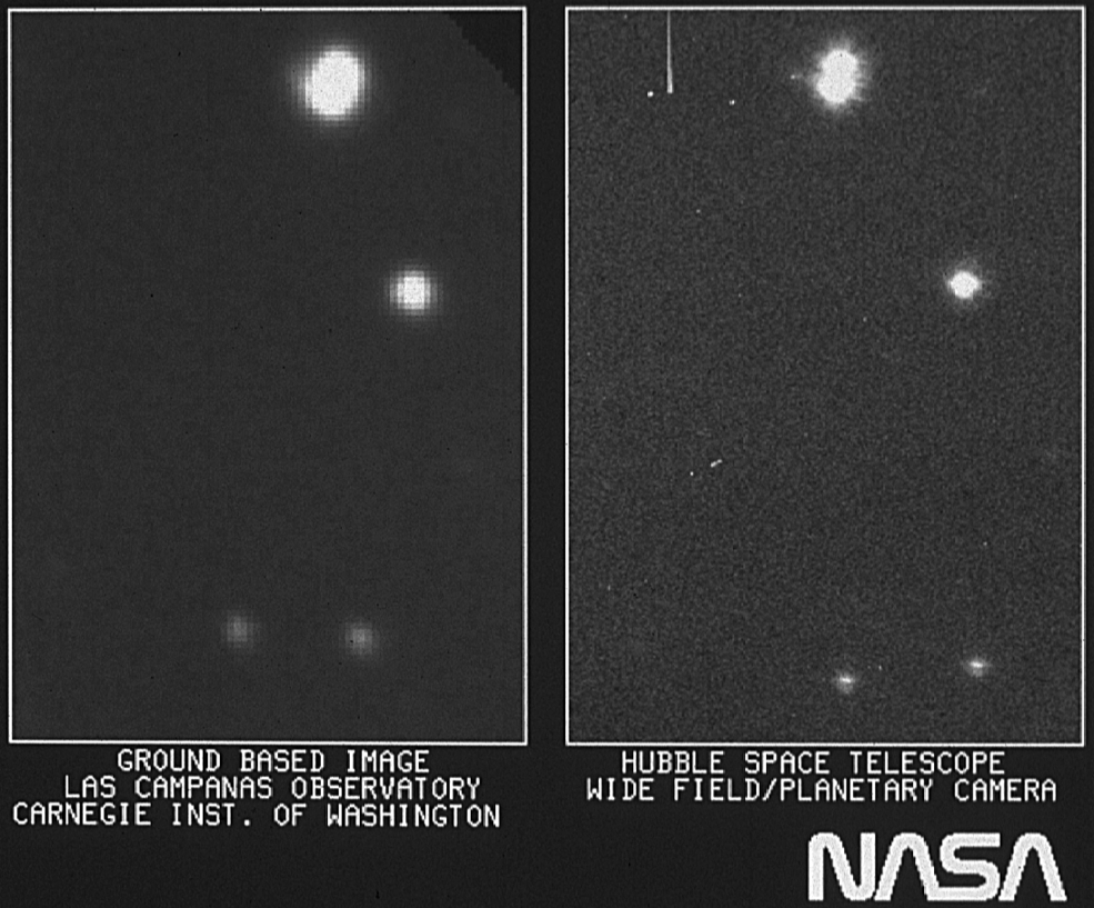 Two photos of stars in space. At left, a photo from a ground-based telescope in which the stars are pixellated. At right, a picture of the same stars taken from Hubble Space Telescope that are still blurry, but much clearer than the first image.