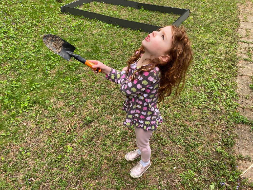 Four year old shakes her shovel