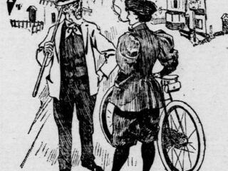 Newspaper illustration meant to depict Anne Cohen Kopchovsky, aka Annie Londonderry. Image from the Evening Times via Library of Congress https://chroniclingamerica.loc.gov/lccn/sn84024441/1895-09-16/ed-1/seq-3/