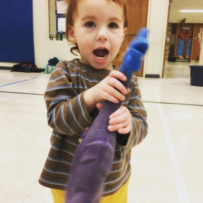 One year old saying BOCK BOCK with a rubber chicken