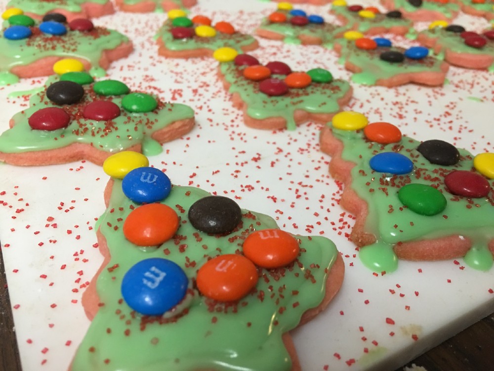 Christmas tree cookies with royal icing and M&Ms