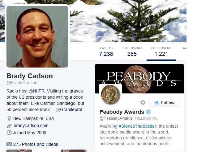 The Peabody Awards Twitter account followed Brady's Twitter account