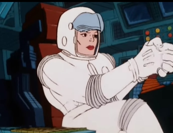 Queen Marlena in a white space suit, piloting a ship.