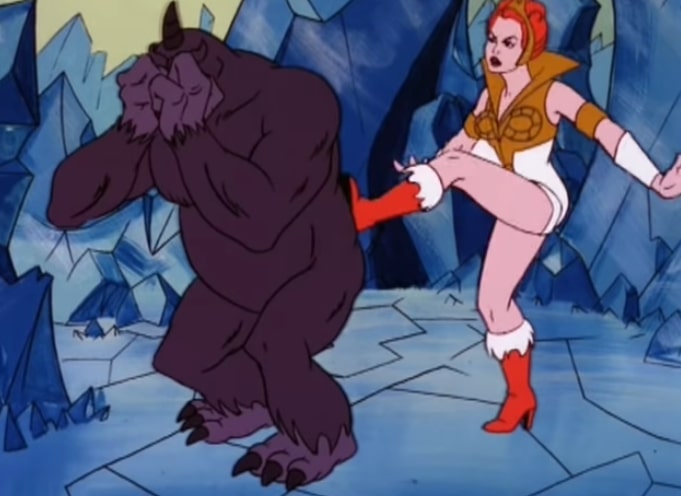 Teela kicks a shadow monster in the hinder