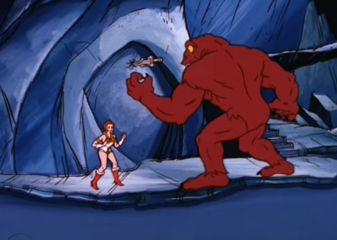 Teela fends off Bakkull, the giant red sea demon.