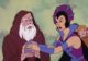 Evil-Lyn grabs a small white box from a white-haired, bearded guy wearing a brown cloak and hood.