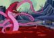 The Attack Track drives away from a big pink serpent in a lake of red lava.