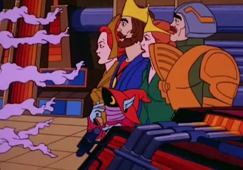 Teela, the king, the queen and Man-At-Arms make shocked faces as the Creeping Horak tentacles reach into their safe room
