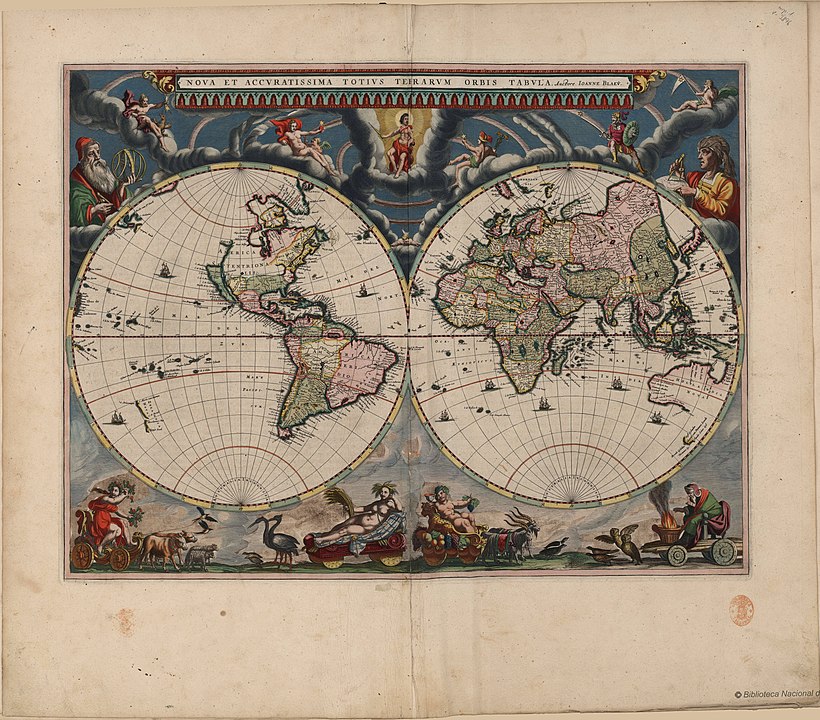 New and 'most accurate' world map, by J.Bleau, 1664. (Via Wikicommons https://commons.wikimedia.org/wiki/Old_maps#/media/File:Nova_et_Accuratissima_Terrarum_Orbis_Tabula_(J.Blaeu,_1664).jpg)