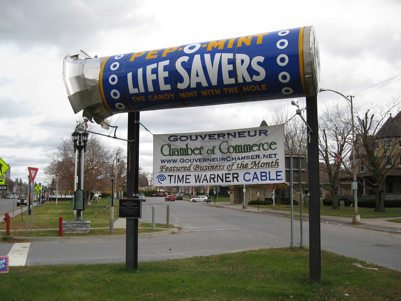 Giant pack of Pep-O-Mint Life Savers on the town green in Gouverneur, NY. (Photo by Doug Kerr via Flickr/Creative Commons https://flic.kr/p/7eQLfz)