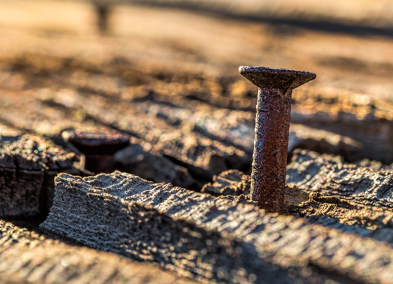 Two rusty nails sticking up and out of some old wood. (Photo by Sheila Sund via Flickr/Creative Commons https://flic.kr/p/M27GSk)