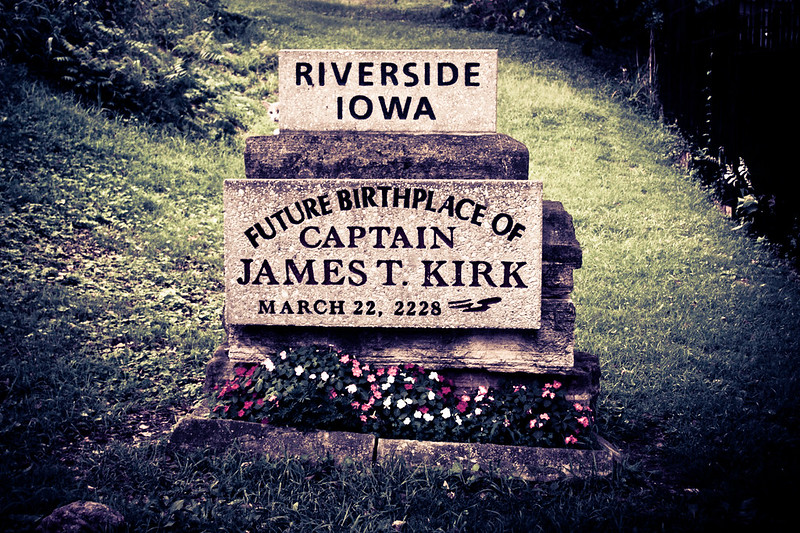 Stone in Riverside, Iowa says "Future Birthplace of Captain James T. Kirk, March 22, 2228" (Photo by sksamuel via Flickr/Creative Commons https://flic.kr/p/b6XZXZ)