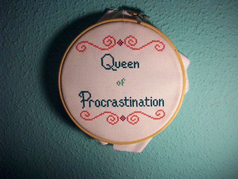 An embroidery project that says "Queen of Procrastination" (Photo by Ariana Escobar via Flickr/Creative Commons https://flic.kr/p/89LHCA)