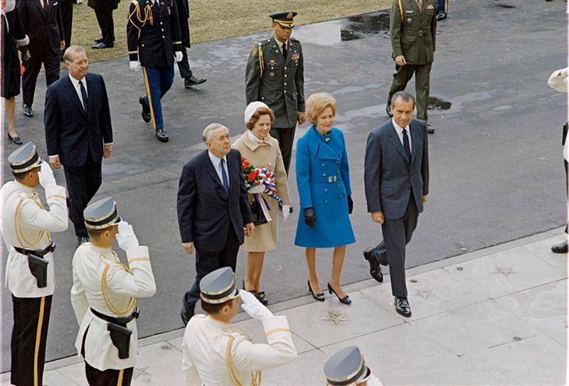 The White House Uniformed Division saluting Prime Minister Harold Wilson, his wife Mary, First Lady Pat Nixon and President Richard Nixon during the Prime Minister's visit to the White House, January 28, 1970. WHPO-2848-22A
