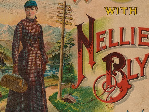 Close up of the cover of the "Around The World with Nellie Bly" board game, featuring an illustration of Bly carrying her one bag. (National Portrait Gallery, Smithsonian Institution; gift of Amy Parker and David Lawler, https://www.si.edu/object/round-world-nellie-bly:npg_NPG.2017.111)